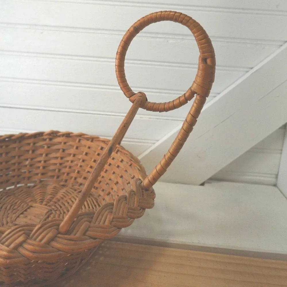 Vintage Woven Wicker Basket Round Abstract Handle 10 inch Braided Rim Unique